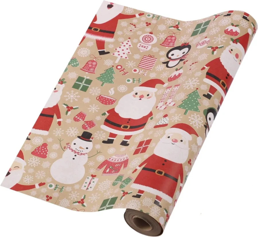 Kraft wrapping paper roll with white stars, trees and Santa, 15 m