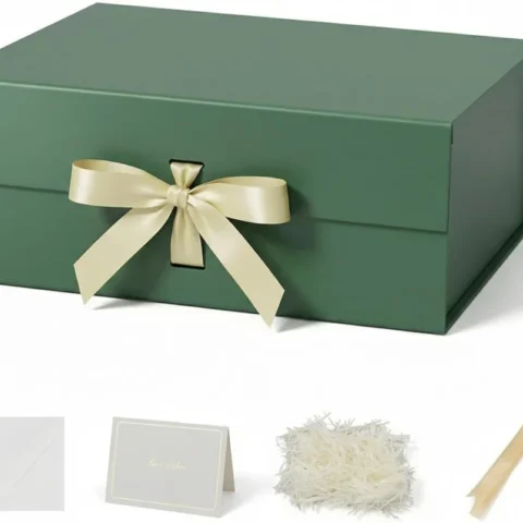 Large green magnetic gift box with shredded paper, card and ribbon