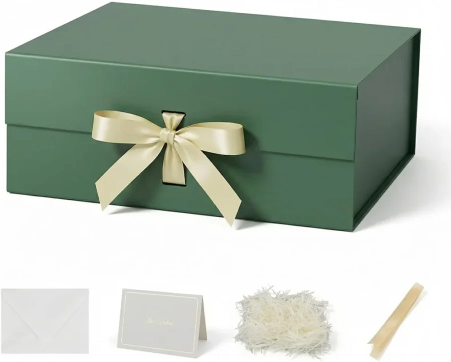 Large green magnetic gift box with shredded paper, card and ribbon