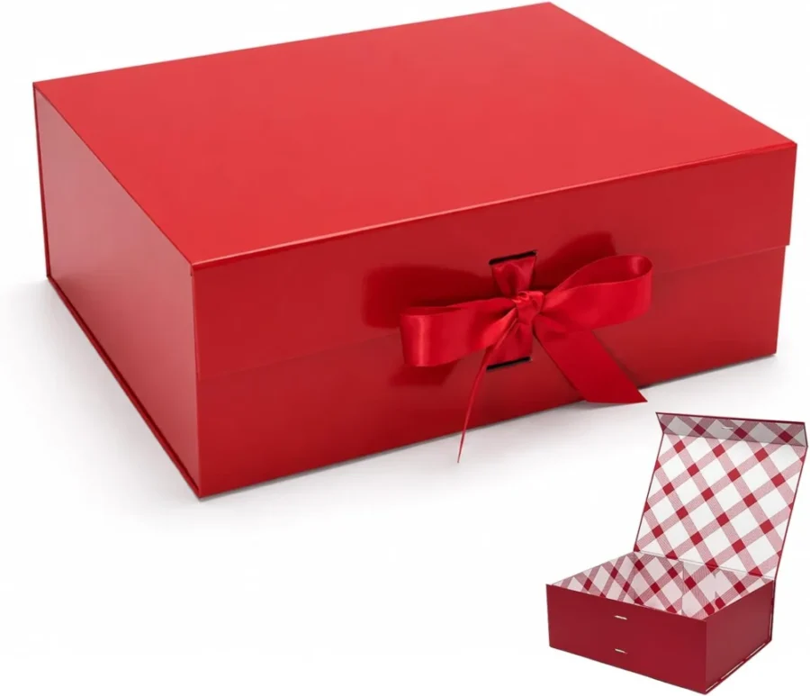 Large red magnetic gift box with plaid lining and ribbon
