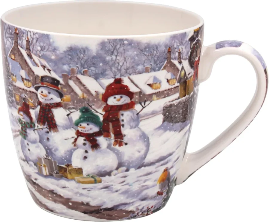 Large snowmen breakfast mug in fine china, 480 ml, dishwasher safe