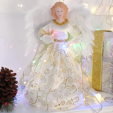 Light-up fabric angel tree topper, 32 cm, battery powered