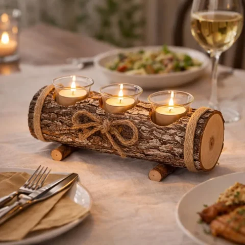 Log-style triple tealight holder, wood-effect resin, 3 glass cups