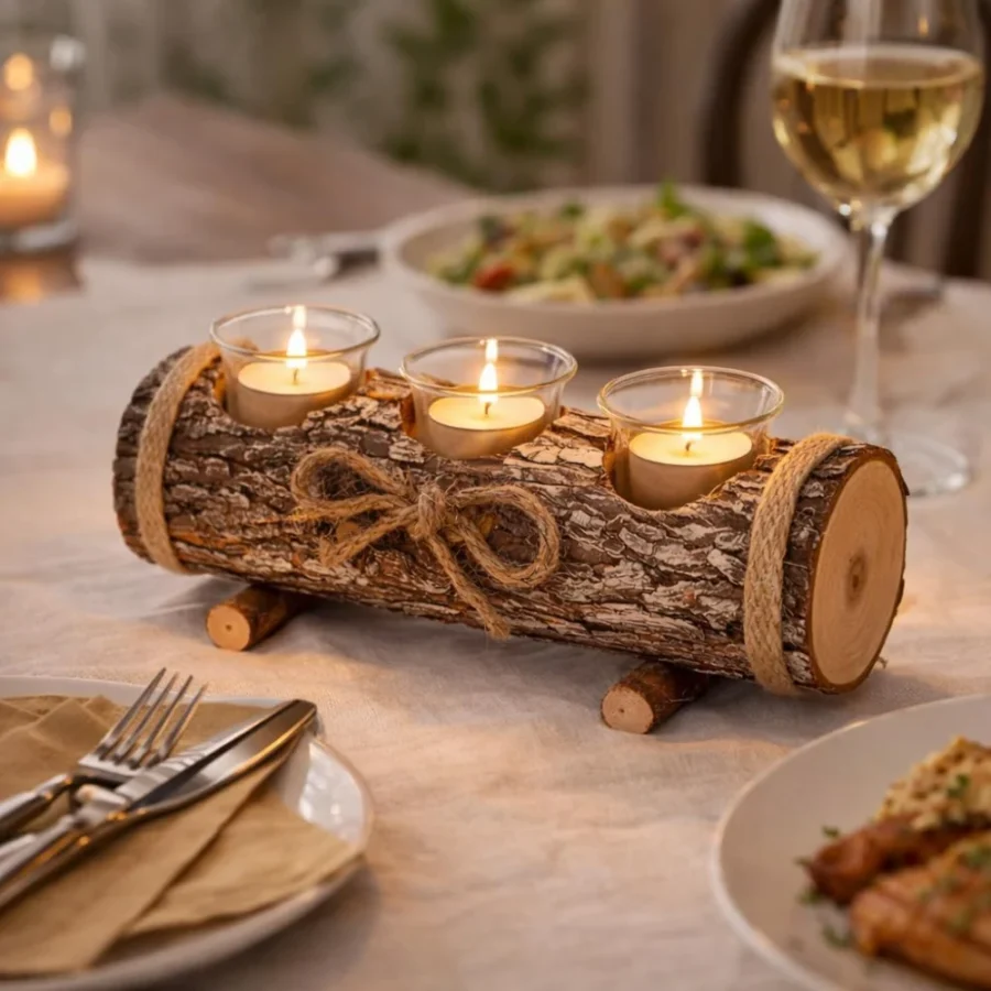 Log-style triple tealight holder, wood-effect resin, 3 glass cups