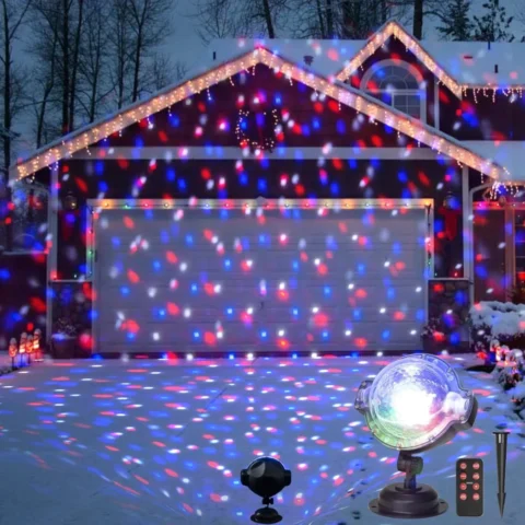 Mains LED snowfall projector, white flurries and 4 colours, remote