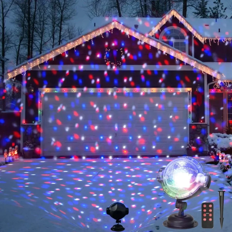 Mains LED snowfall projector, white flurries and 4 colours, remote