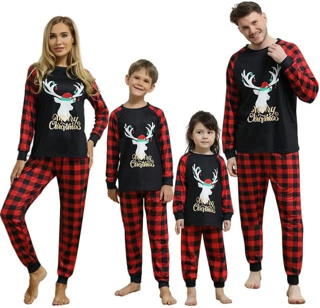 Matching family Christmas pyjamas in black with a deer design