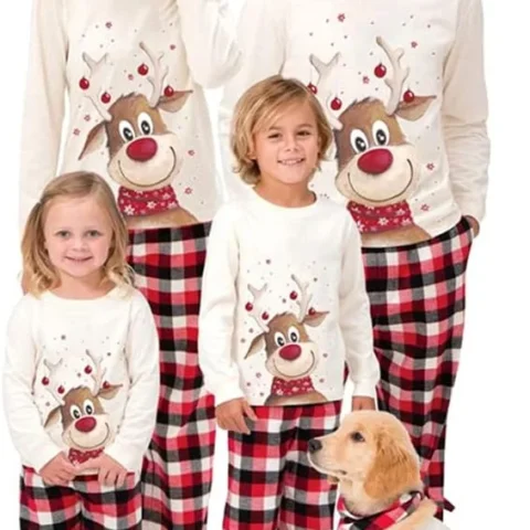 Matching family Christmas pyjamas with deer and plaid Santa print