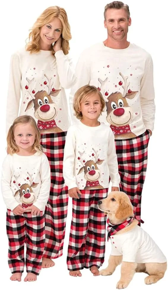 Matching family Christmas pyjamas with deer and plaid Santa print