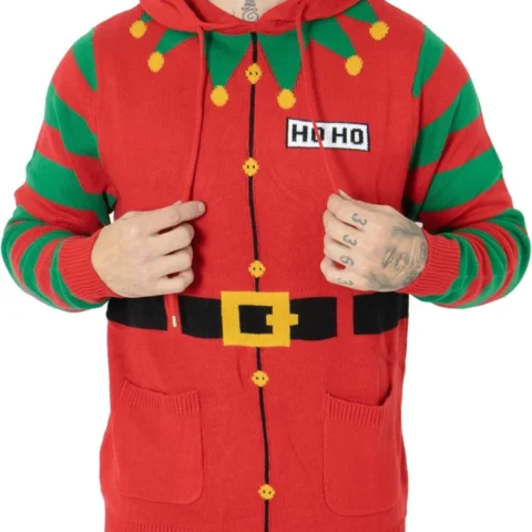 Men’s 3D knitted Christmas hoodie jumper, elf and candy cane theme