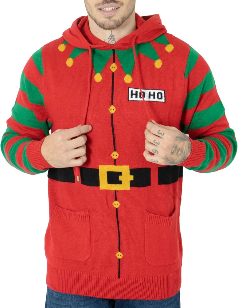 Men’s 3D knitted Christmas hoodie jumper, elf and candy cane theme