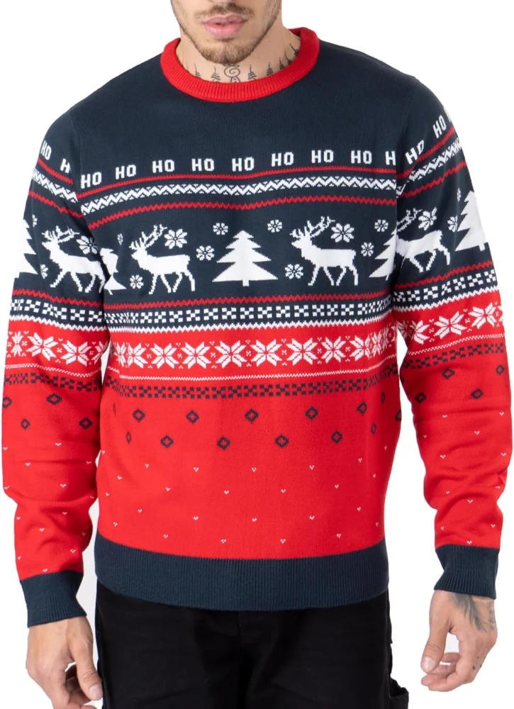 Men’s Christmas pullover with Fair Isle tree, reindeer, snowflakes