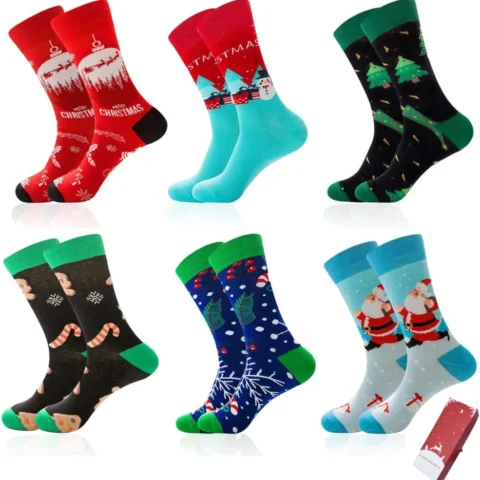 Men’s cotton-blend Christmas calf socks, 6 pairs with gift box