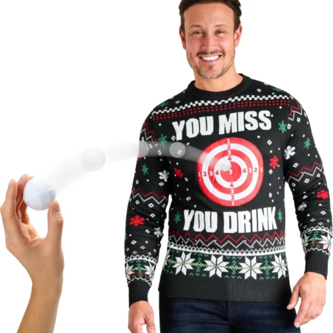 Men’s dartboard Christmas jumper with sticky ball, crew neck