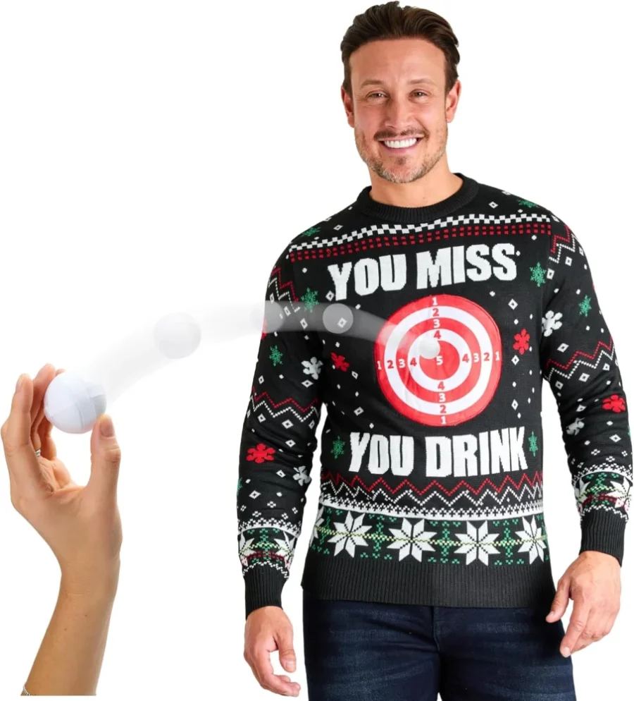 Men’s dartboard Christmas jumper with sticky ball, crew neck