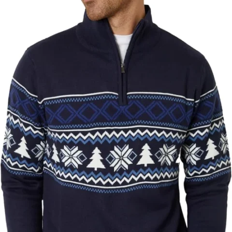 Men’s Fair Isle knitted Christmas jumper with quarter zip, blue