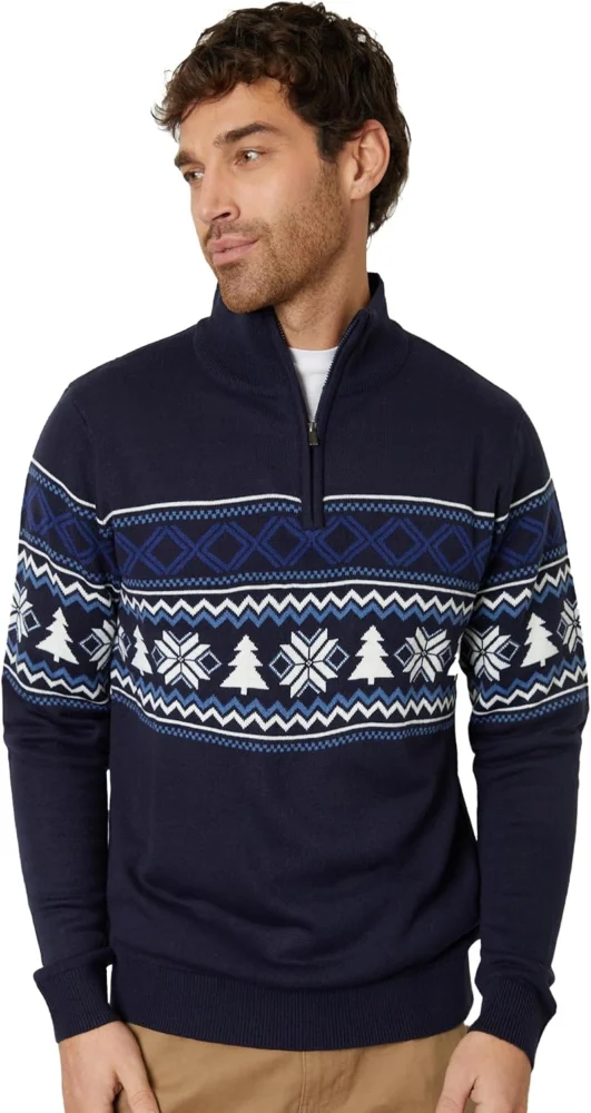 Men’s Fair Isle knitted Christmas jumper with quarter zip, blue