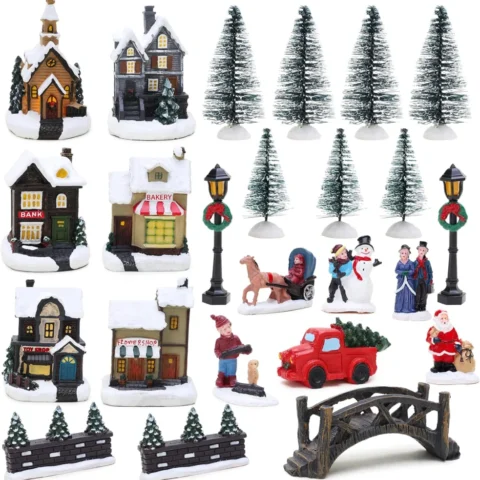 Mini Christmas village and shop scene, 25 pieces with LED lights