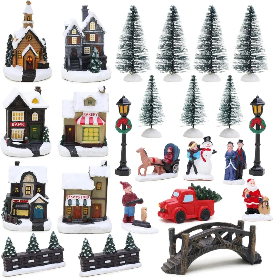 Mini Christmas village and shop scene, 25 pieces with LED lights