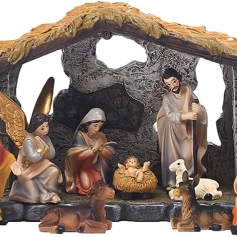 Miniature holy family nativity scene in resin and wood