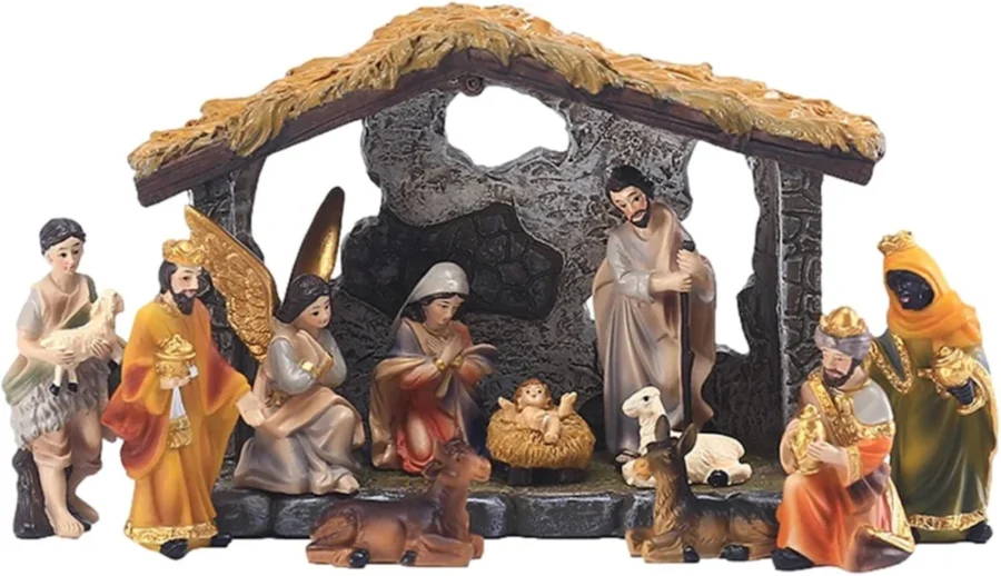 Miniature holy family nativity scene in resin and wood