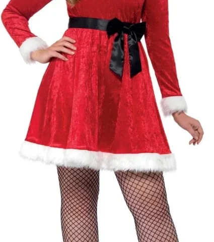 Miss Santa Curves costume, red dress with belt, adult fancy dress