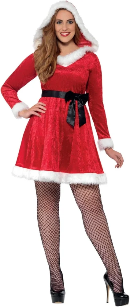 Miss Santa Curves costume, red dress with belt, adult fancy dress