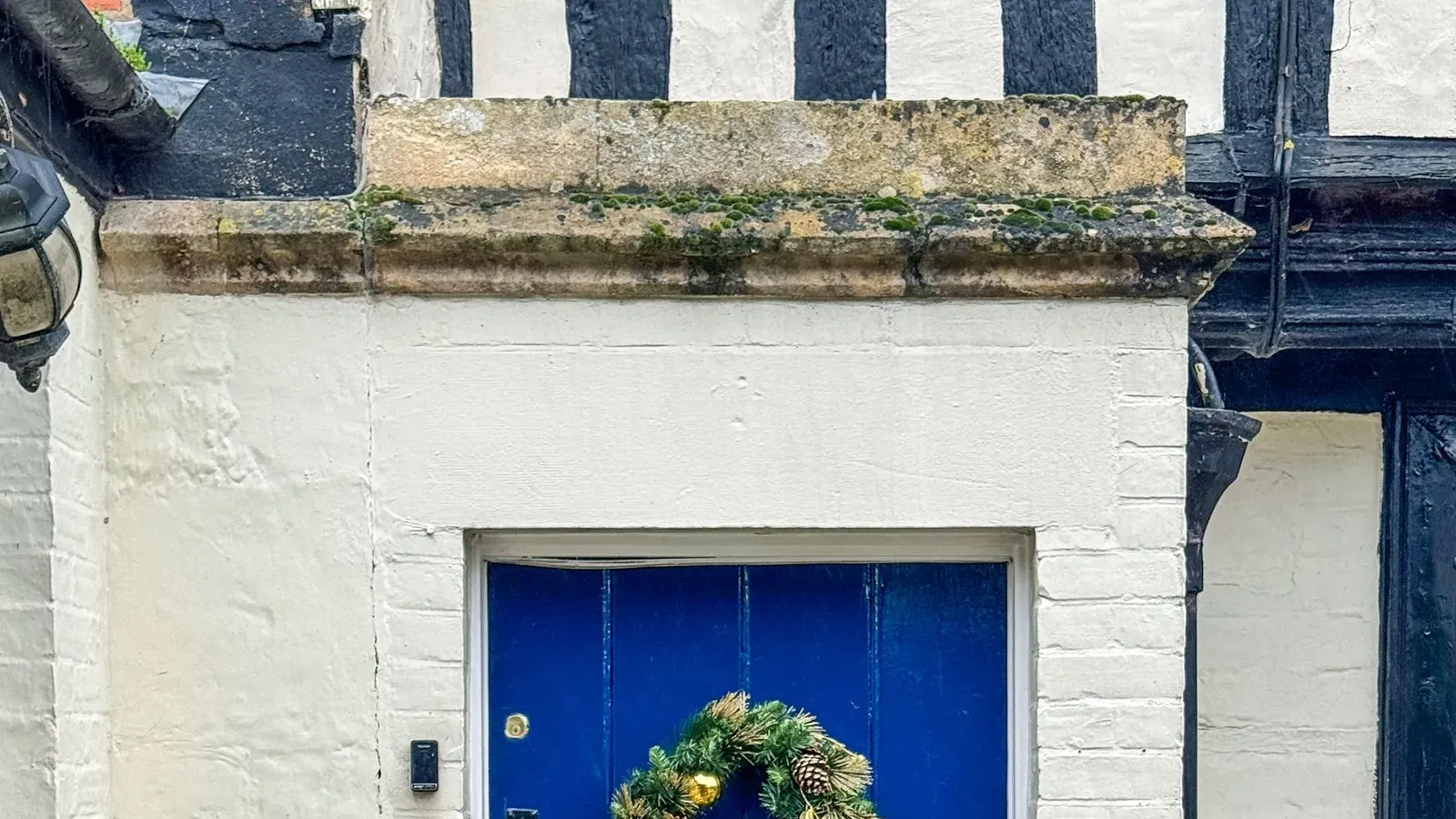 Small Christmas wreath on a bright blue front door of a white half-timbered cottage with a potted conifer