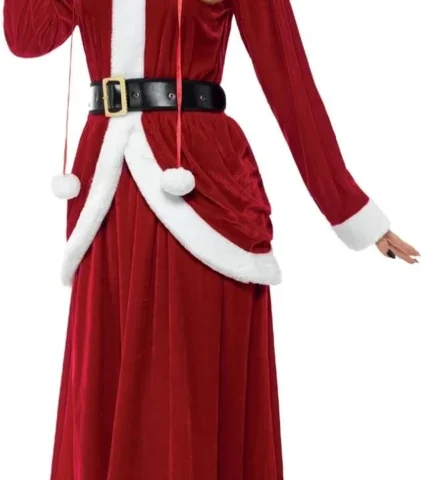 Ms Claus costume, red hooded dress with belt, adult fancy dress