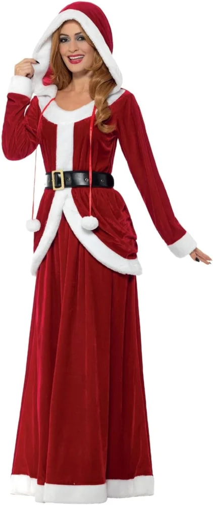 Ms Claus costume, red hooded dress with belt, adult fancy dress