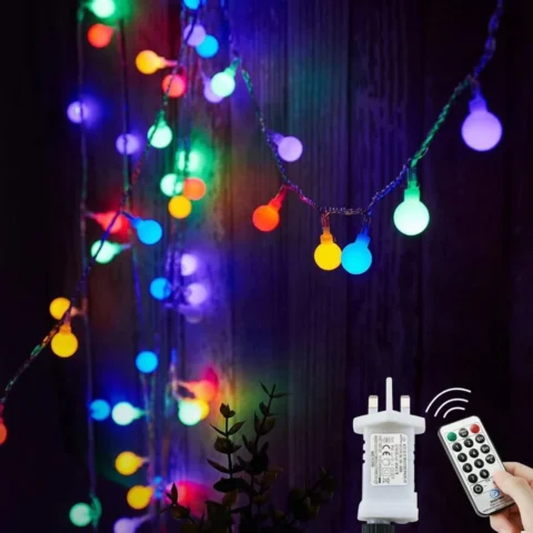 Multicolour globe fairy lights, 120 LEDs on 12 m, plug-in, remote