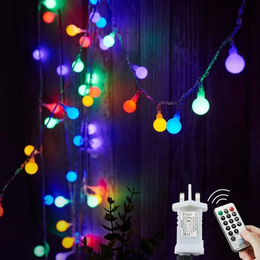 Multicolour globe fairy lights, 120 LEDs on 12 m, plug-in, remote