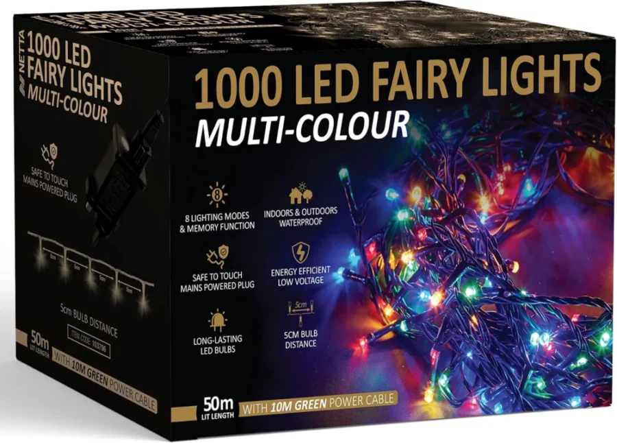 Multicolour mains fairy lights, 1000 LEDs, 50 m, 8 modes
