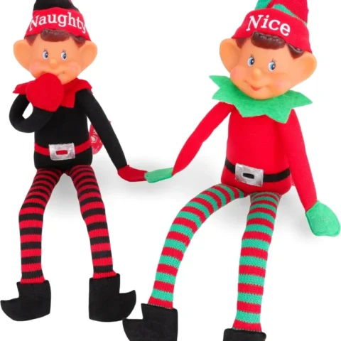 Naughty and nice elf twin pack, 35 cm soft toys, knitted hat and legs