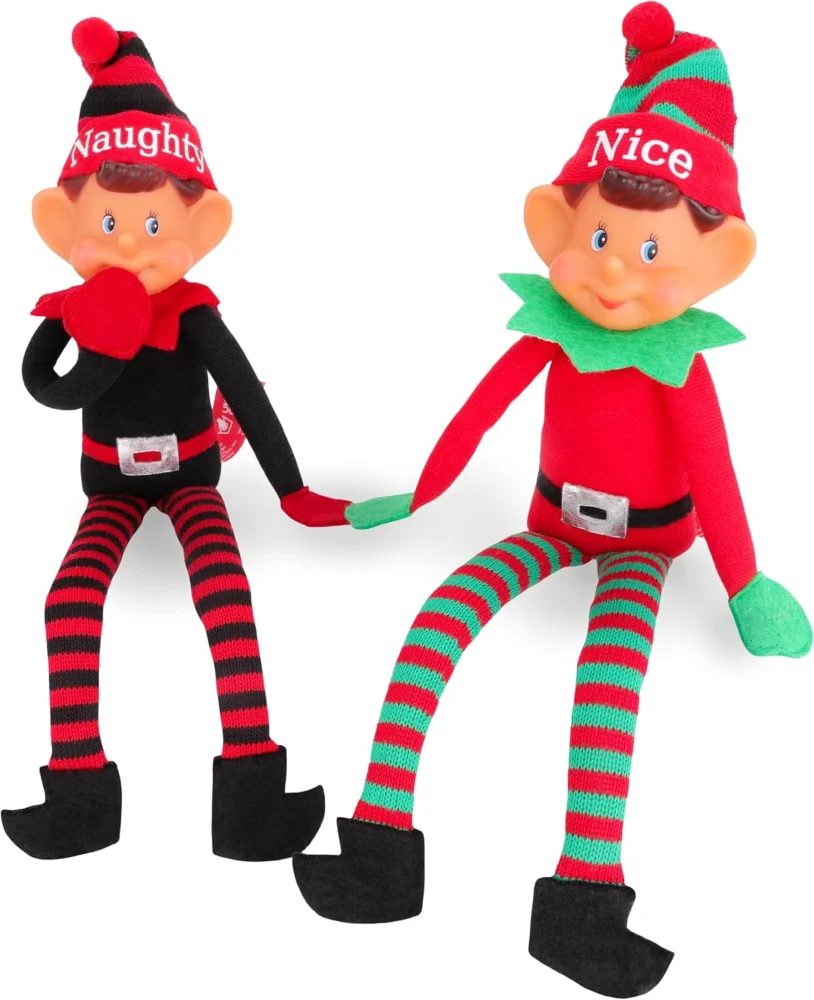 Naughty and nice elf twin pack, 35 cm soft toys, knitted hat and legs