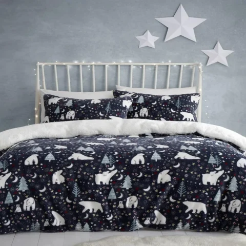 Navy polar bear fleece double duvet cover set, starry night design