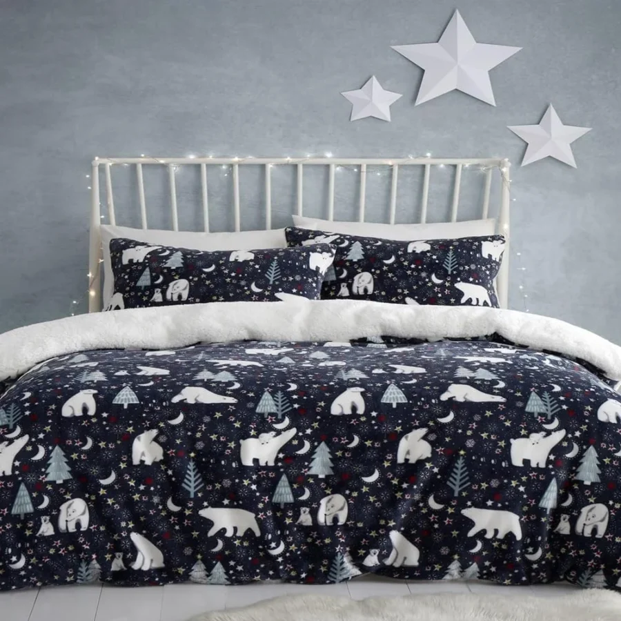 Navy polar bear fleece double duvet cover set, starry night design