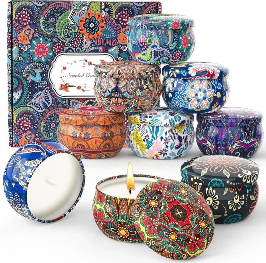 Nine scented soy wax candles in retro-pattern tins, nine scents