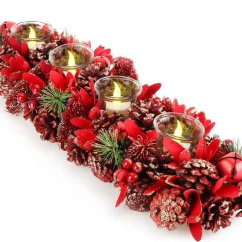 Oblong Advent candle holder in red glitter for 4 candles, 50 cm