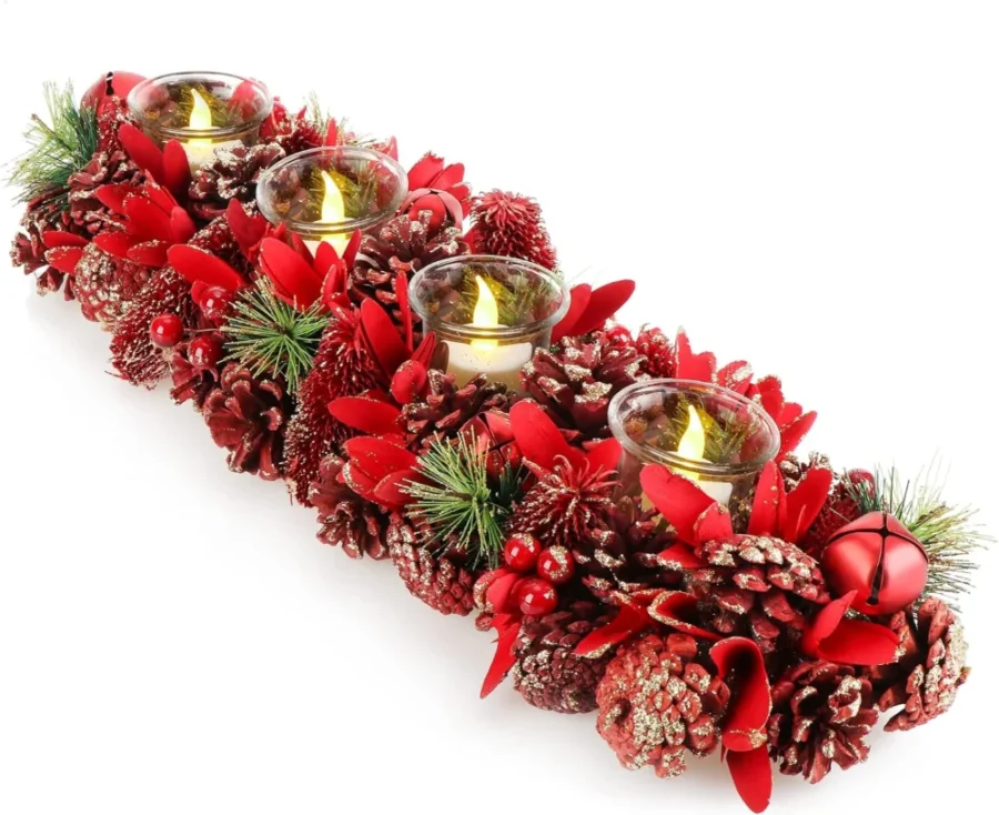 Oblong Advent candle holder in red glitter for 4 candles, 50 cm