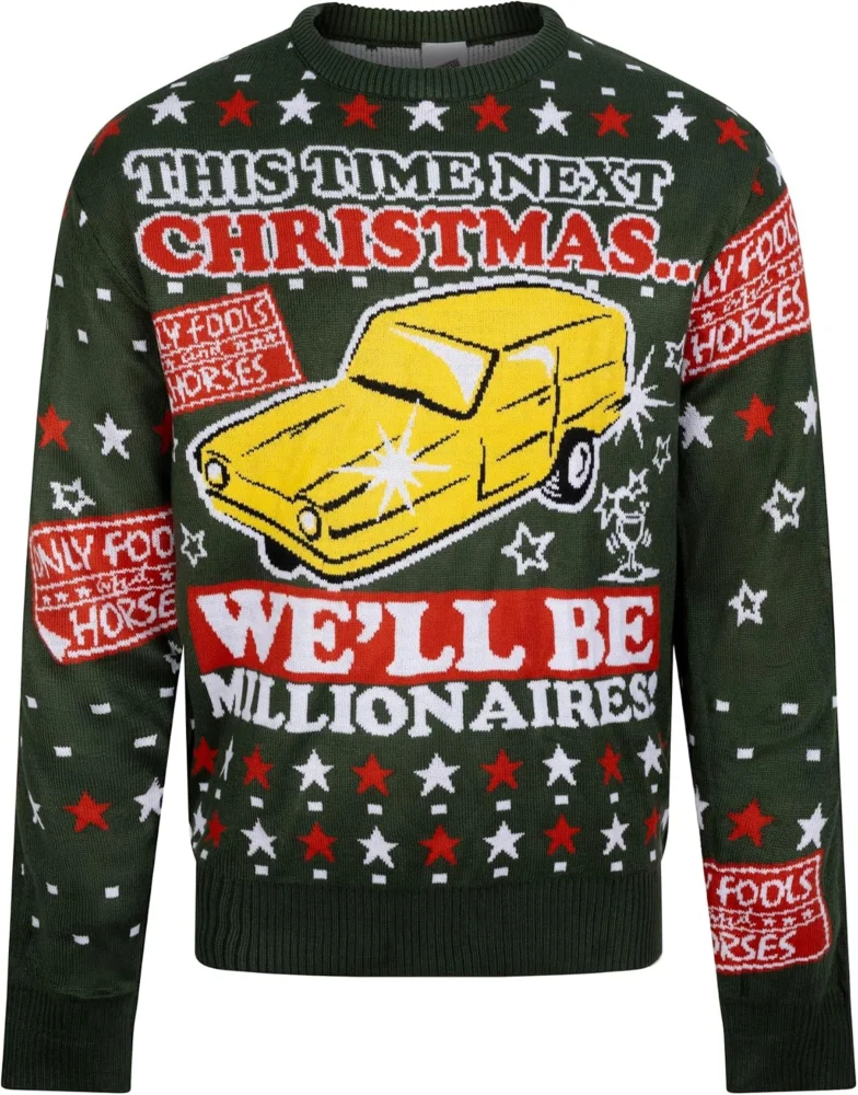 Only Fools and Horses men’s green Christmas jumper, Del Boy design