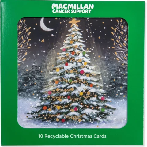 Pack of 10 charity Christmas cards, moonlit tree, 14 cm square