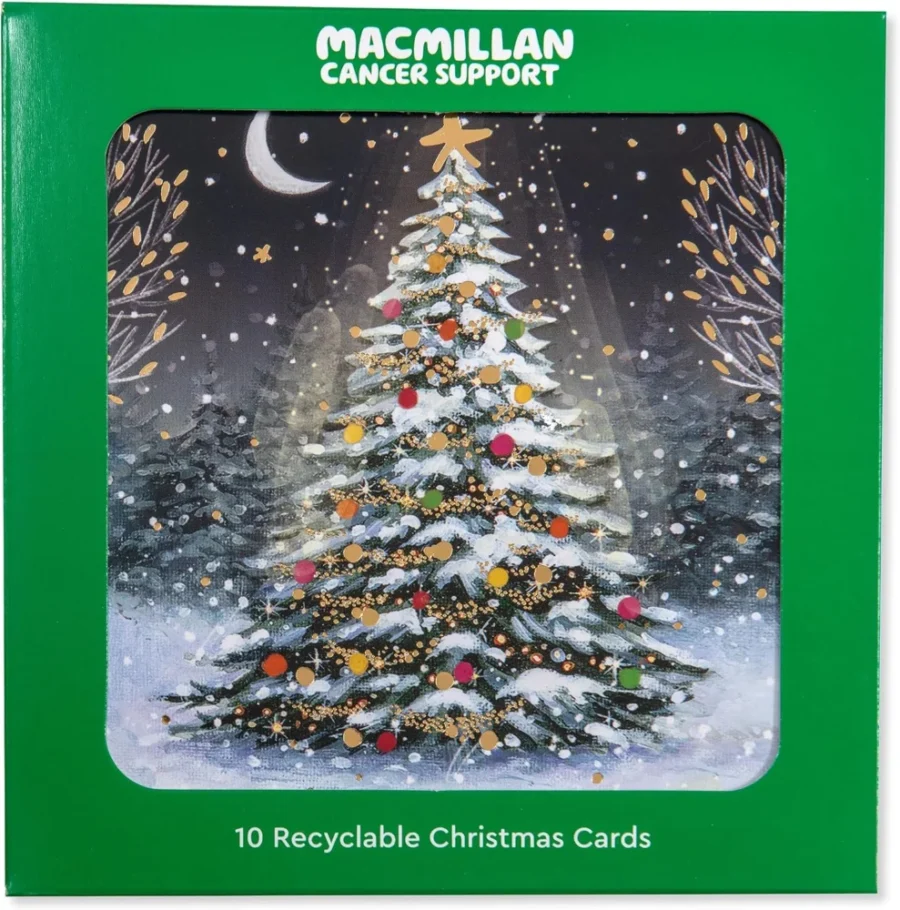 Pack of 10 charity Christmas cards, moonlit tree, 14 cm square