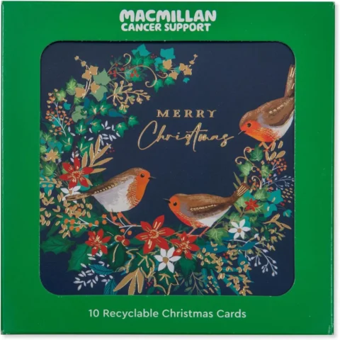 Pack of 10 charity Christmas cards, robin and floral wreath, 14 cm