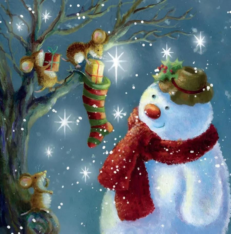 Pack of 10 charity Christmas cards, snowman and stocking, 14 cm