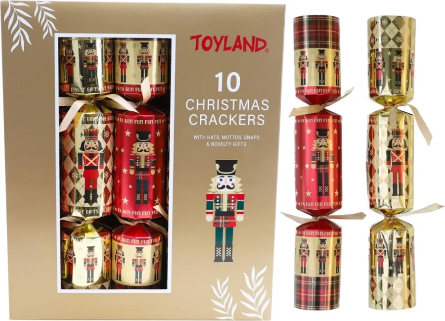 Pack of 10 nutcracker and tartan Christmas crackers, 36 cm long