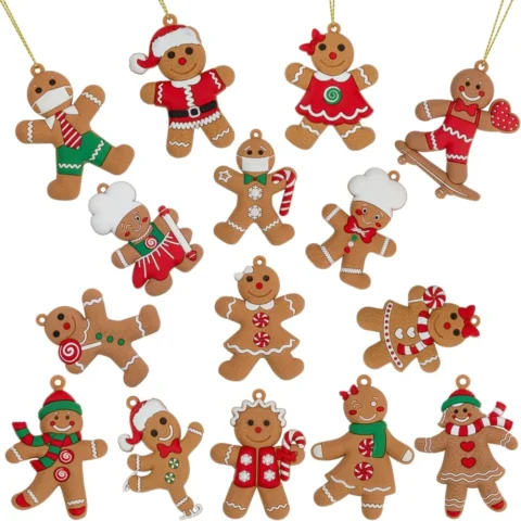 Pack of 15 hanging gingerbread man decorations, white and gold