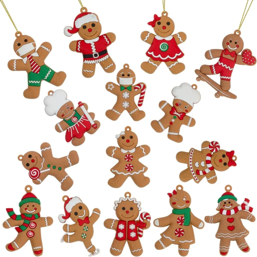 Pack of 15 hanging gingerbread man decorations, white and gold