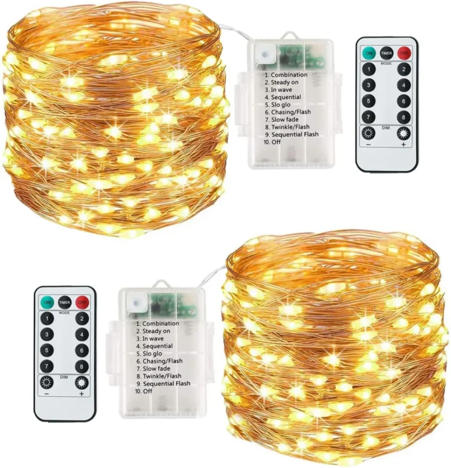 Pack of 2 battery fairy lights, 120 LEDs each on 13 m, remote