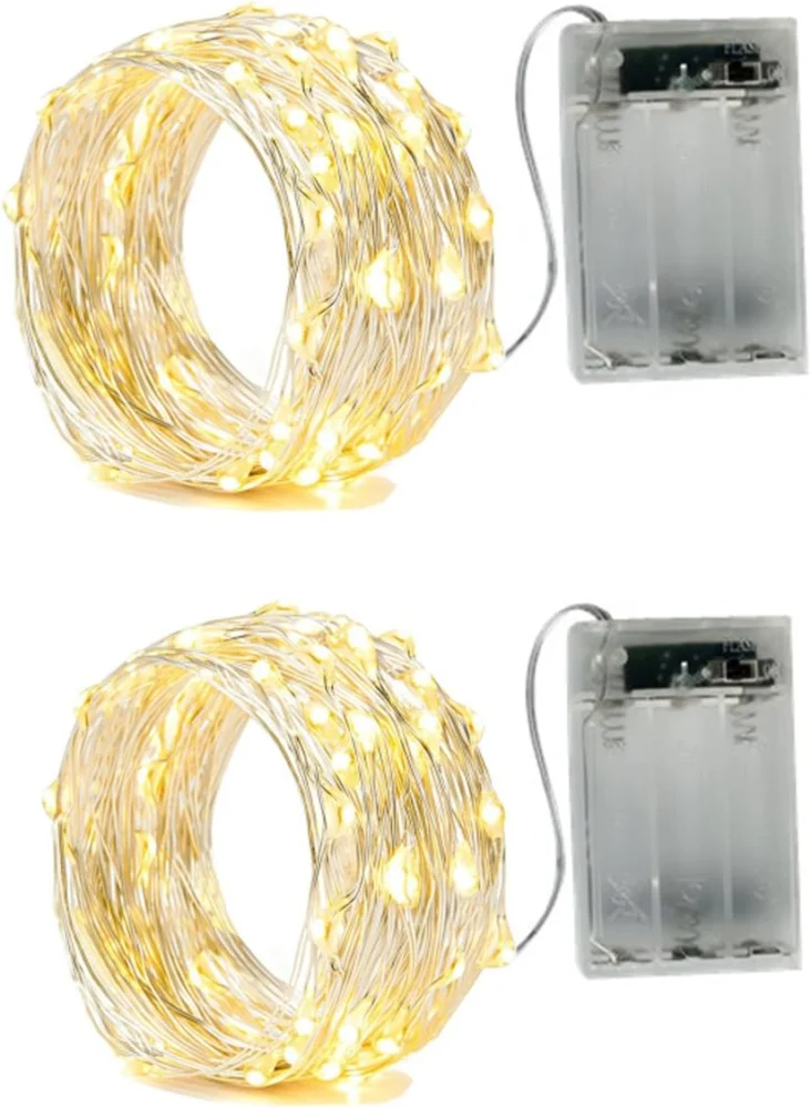Pack of 2 battery fairy lights, 50 LEDs each on 5 m silver wire